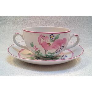 English Chanticleer Cup Saucer  Double Handle Tea Soup Cup Pink Rooster England